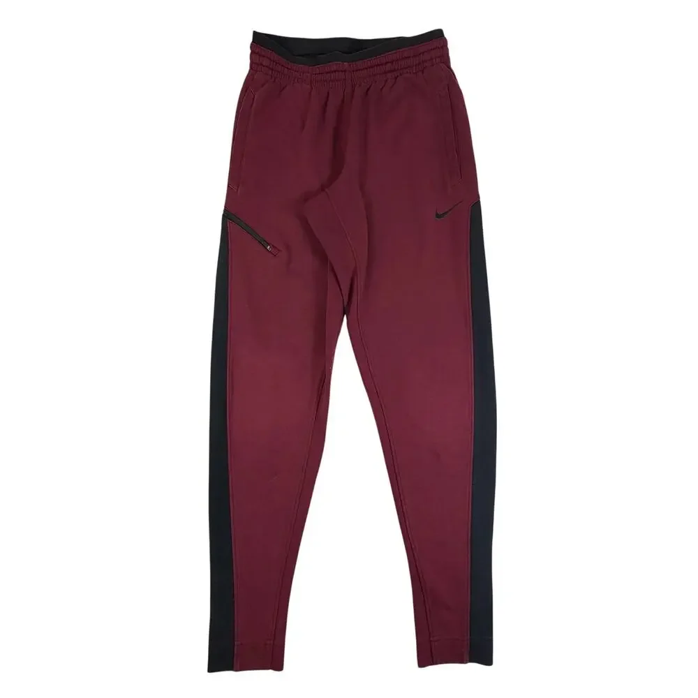 Nike Mens Small Jogger Pants Burgundy Black Tapered Zip Pocket Swoosh Athletic